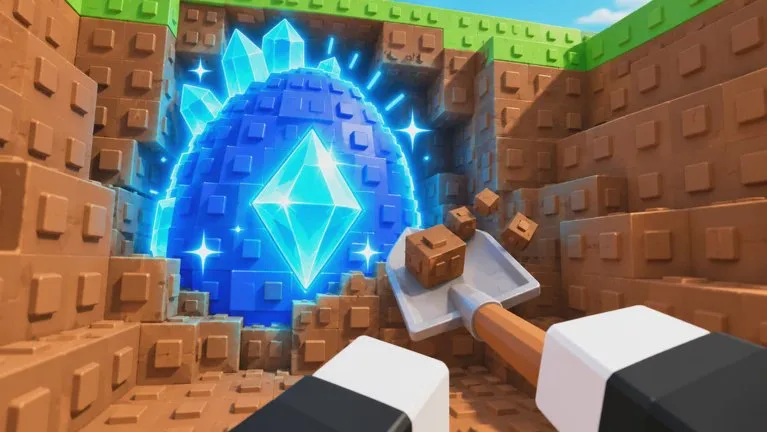First-person view of a shovel breaking dirt around a glowing blue egg with a diamond mark.